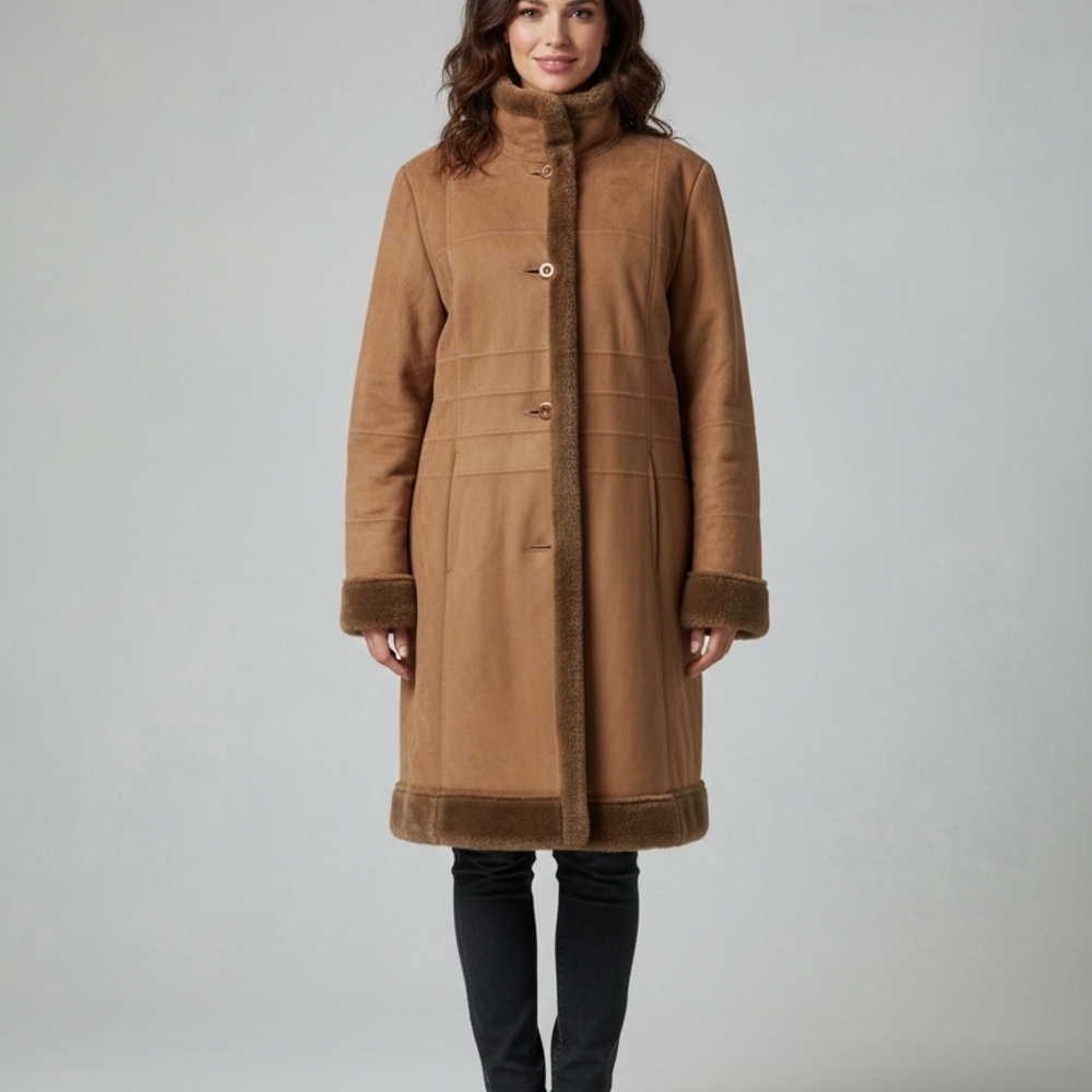 Alfani Outerwear Women Size L Tan Teddy Jacket with Faux Fur Accents